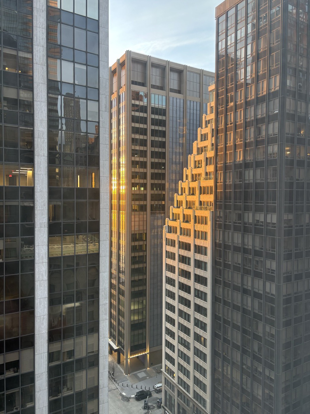 Glass office buildings at golden hour