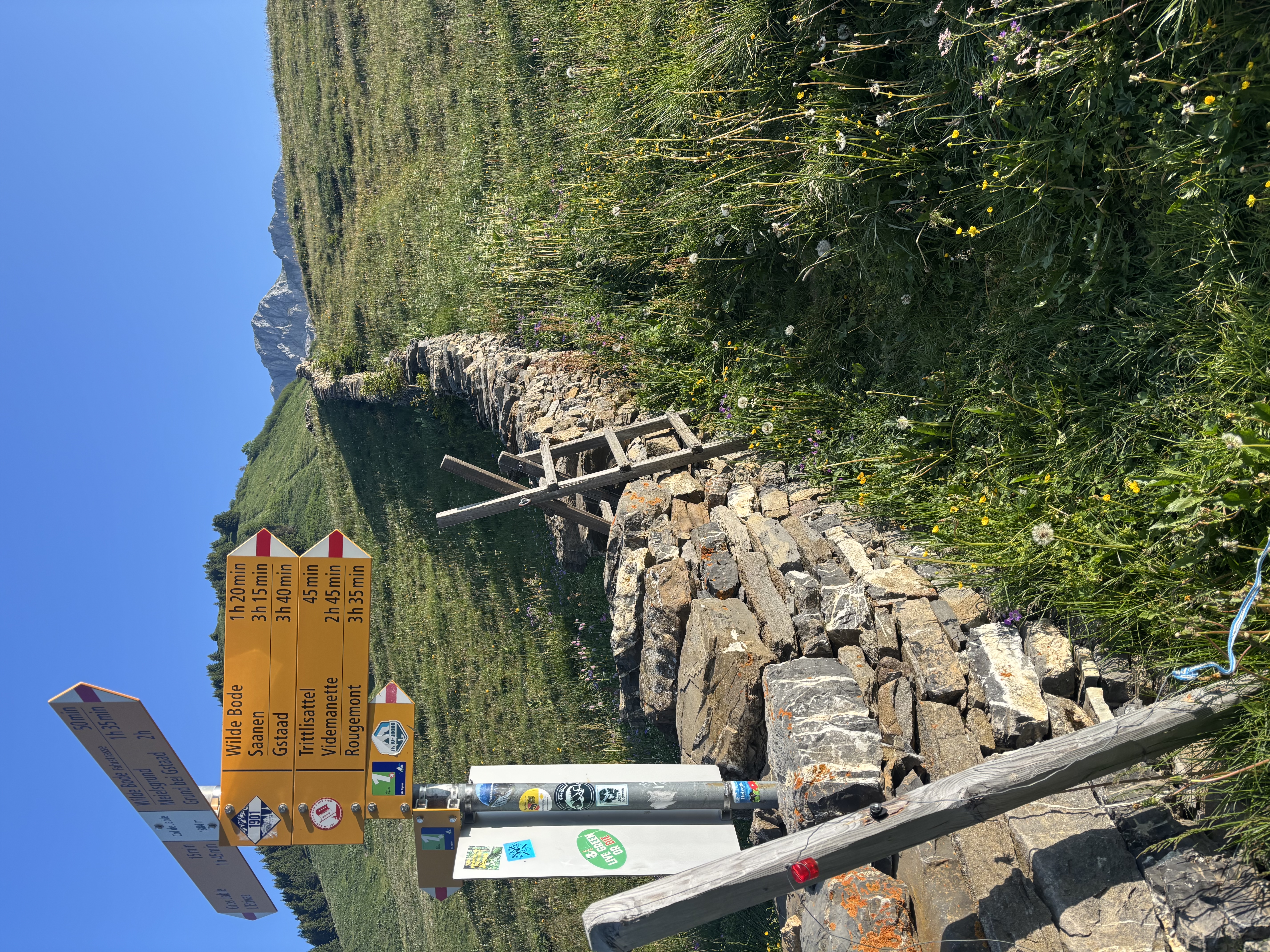 Alpine hiking signpost in the Swiss mountains